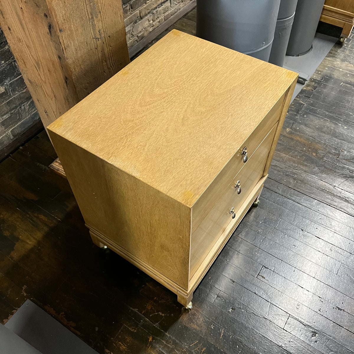 Pair of petite mid-century nightstands with 3 drawers. Made by American of Martinsville, Chinoiserie styling, beautiful brass hardware.  Chicago