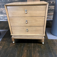 Pair of petite mid-century nightstands with 3 drawers. Made by American of Martinsville, Chinoiserie styling, beautiful brass hardware.  Chicago