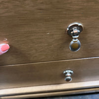 Pair of petite mid-century nightstands with 3 drawers. Made by American of Martinsville, Chinoiserie styling, beautiful brass hardware.  Chicago