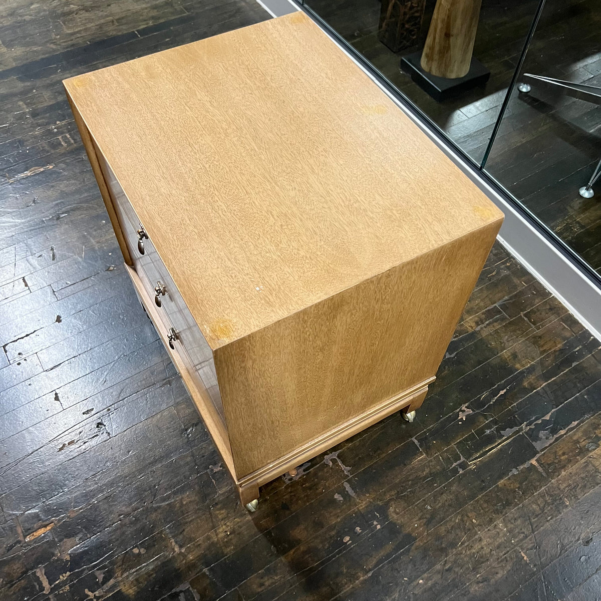 Pair of petite mid-century nightstands with 3 drawers. Made by American of Martinsville, Chinoiserie styling, beautiful brass hardware.  Chicago