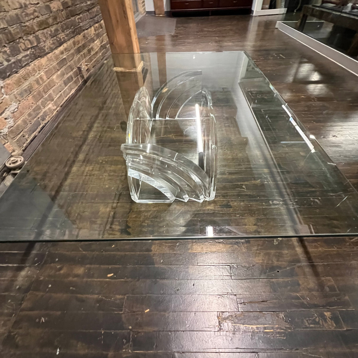 Lucite and glass coffee table, sculptural base, circa 1980s, Hollywood glam.