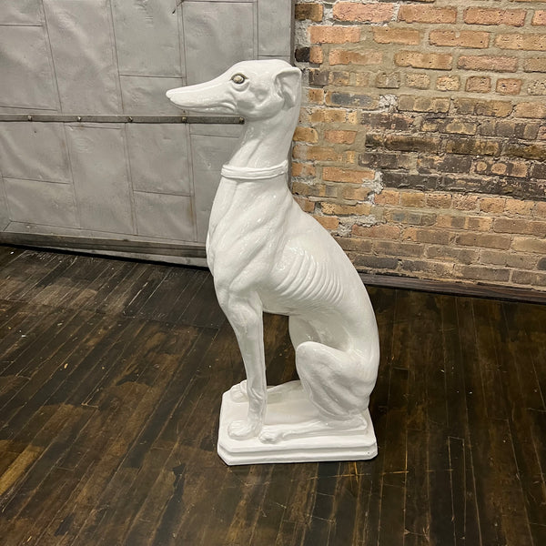 vintage Italian Midcentury white porcelain sculpture, artfully depicting an obedient greyhound dog
