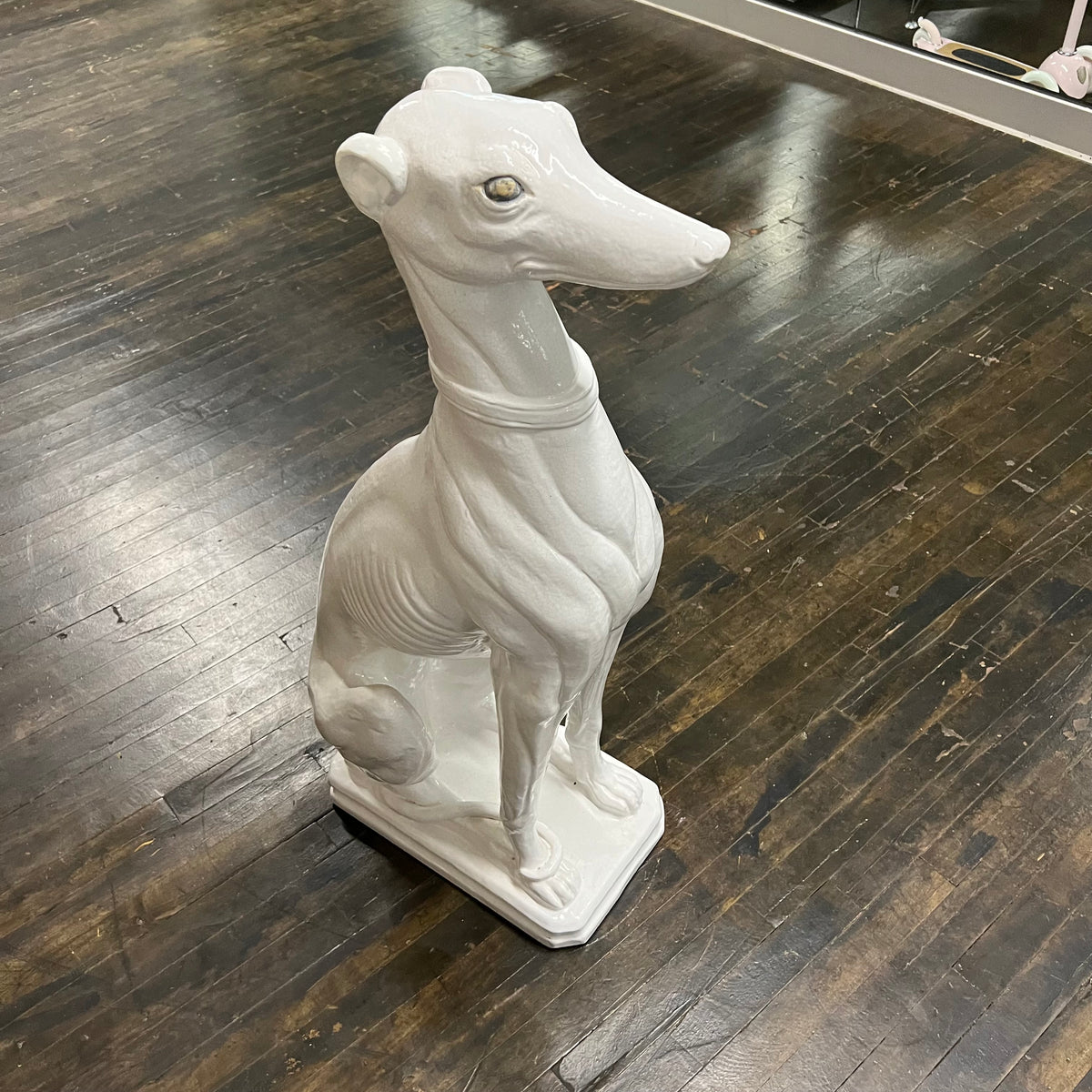 vintage Italian Midcentury white porcelain sculpture, artfully depicting an obedient greyhound dog