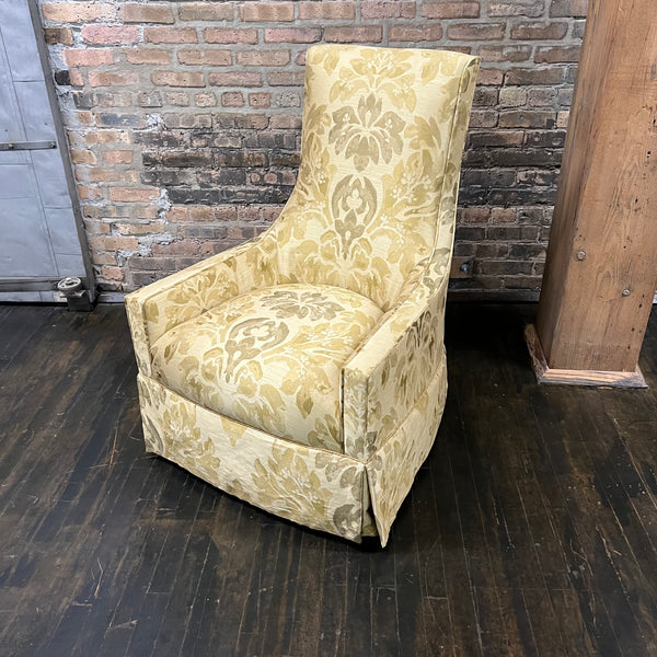 This lovely pair of high back lounge chairs circa 1960...have a slightly Adrian Pearsall shape. Silk upholstery in shades of gold.  STUDIO SONJA MILAN, Chicago, IL midcentury lounge chairs