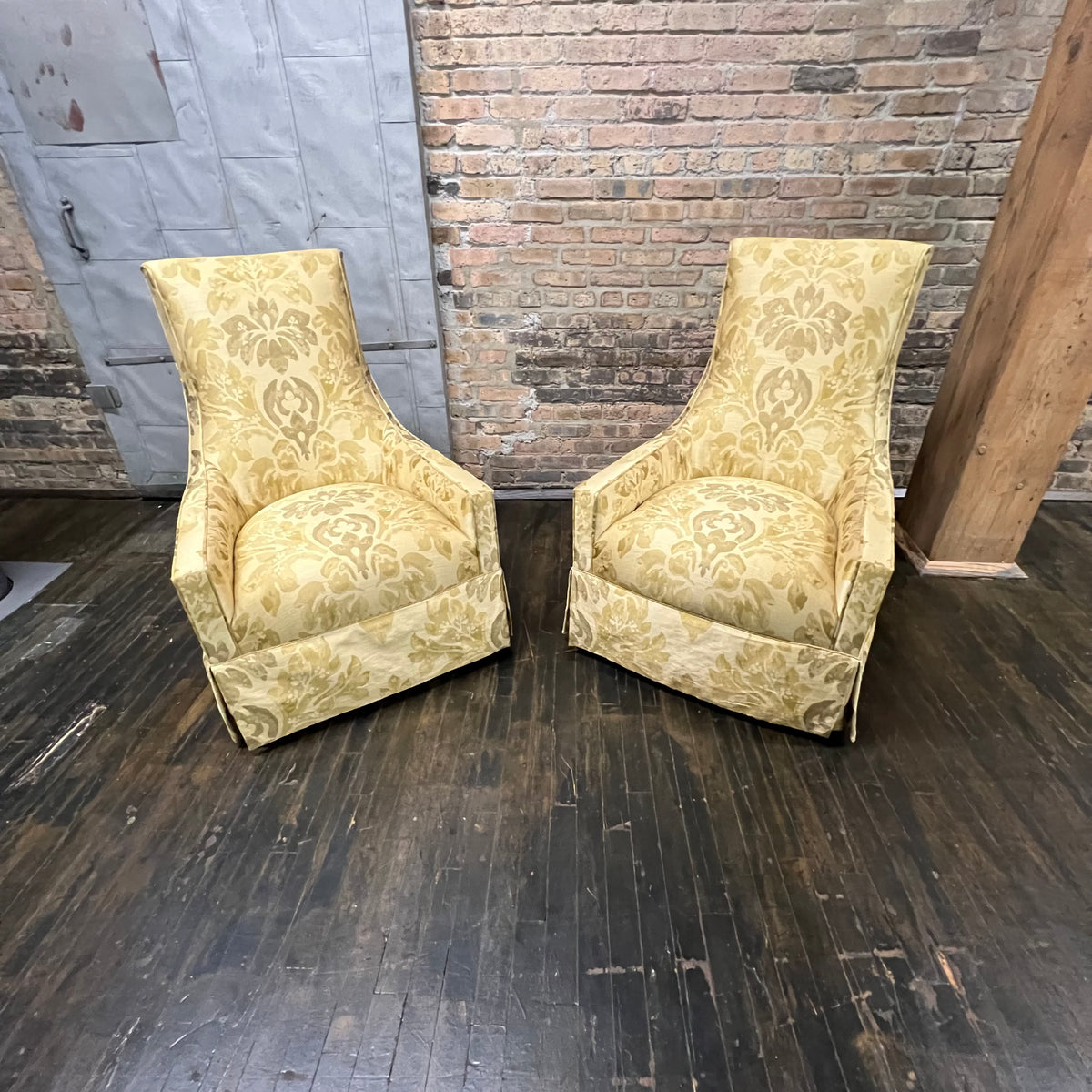 This lovely pair of high back lounge chairs circa 1960...have a slightly Adrian Pearsall shape. Silk upholstery in shades of gold.  STUDIO SONJA MILAN, Chicago, IL midcentury lounge chairs