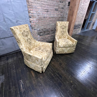 This lovely pair of high back lounge chairs circa 1960...have a slightly Adrian Pearsall shape. Silk upholstery in shades of gold.  STUDIO SONJA MILAN, Chicago, IL midcentury lounge chairs