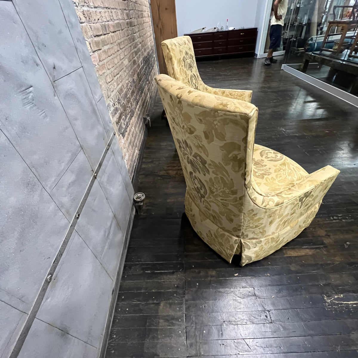 This lovely pair of high back lounge chairs circa 1960...have a slightly Adrian Pearsall shape. Silk upholstery in shades of gold.  STUDIO SONJA MILAN, Chicago, IL midcentury lounge chairs
