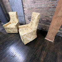 This lovely pair of high back lounge chairs circa 1960...have a slightly Adrian Pearsall shape. Silk upholstery in shades of gold.  STUDIO SONJA MILAN, Chicago, IL midcentury lounge chairs