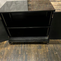 Mid-Century Chinoiserie Black Lacquer Cabinet with Gilded Painted Doors