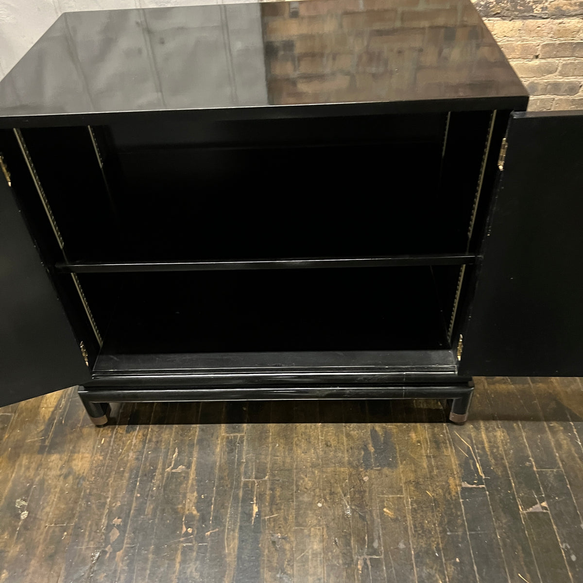 Mid-Century Chinoiserie Black Lacquer Cabinet with Gilded Painted Doors