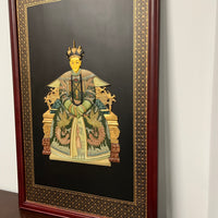 Lovely and large pair of chinoiserie art pieces on wood board.  The images of the emperor and empress are somewhat two dimensional.