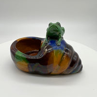 Chinese Conch Shell shape Sancai Monochrome three colored Ceramic Brush Washer with a green Frog resting on top of the Conch Shell and drinking and swallowing brush washer water out of conch shell dish, Ca. 19th century, late 1800's.