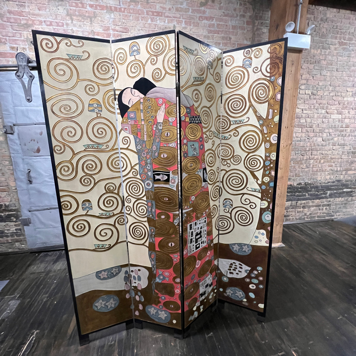 Rare four panel screen with Gustav Klimt's "The Embrace" prominently featured.  The art is dimensional (with carvings) and painted in vibrant colors along with gilding.  Chicago, IL Studio Sonja Milan