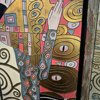 Rare four panel screen with Gustav Klimt's "The Embrace" prominently featured.  The art is dimensional (with carvings) and painted in vibrant colors along with gilding.  Chicago, IL Studio Sonja Milan