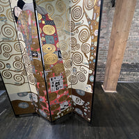 Rare four panel screen with Gustav Klimt's "The Embrace" prominently featured.  The art is dimensional (with carvings) and painted in vibrant colors along with gilding.  Chicago, IL Studio Sonja Milan