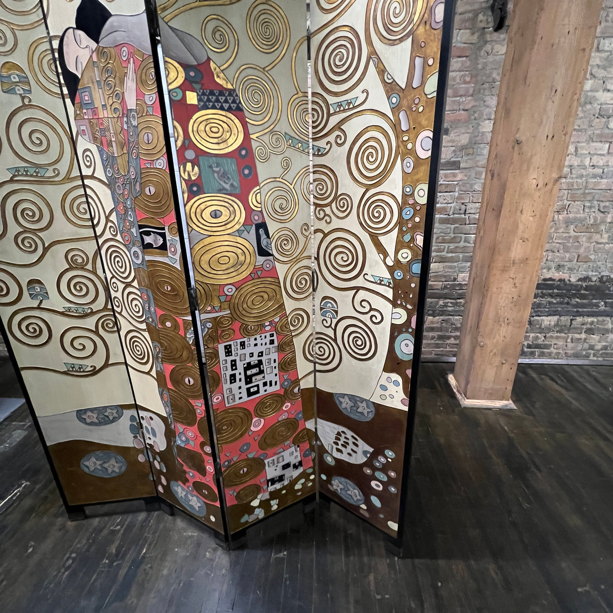 Rare four panel screen with Gustav Klimt's "The Embrace" prominently featured.  The art is dimensional (with carvings) and painted in vibrant colors along with gilding.  Chicago, IL Studio Sonja Milan