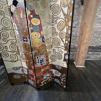 Rare four panel screen with Gustav Klimt's "The Embrace" prominently featured.  The art is dimensional (with carvings) and painted in vibrant colors along with gilding.  Chicago, IL Studio Sonja Milan