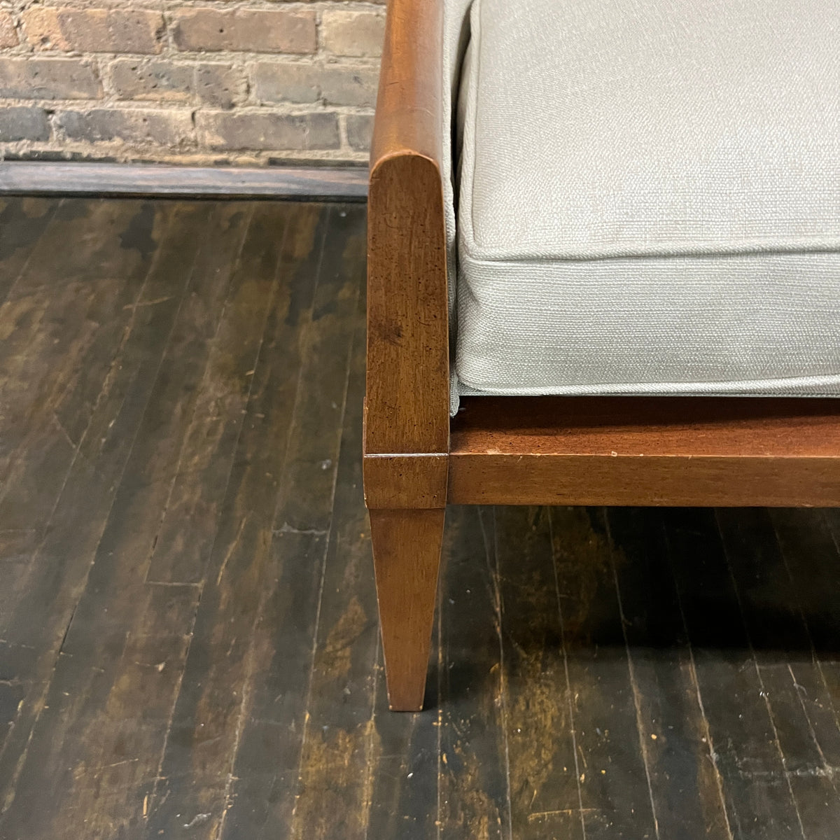 Pair of chairs with lovely solid walnut frames and very light gray linen upholstery (on the front of the chair and the seat cushions). The seat cushions are down filled. The back of the chair is upholstered in a coordinating cut velvet that has shades of cream, black and gray. 