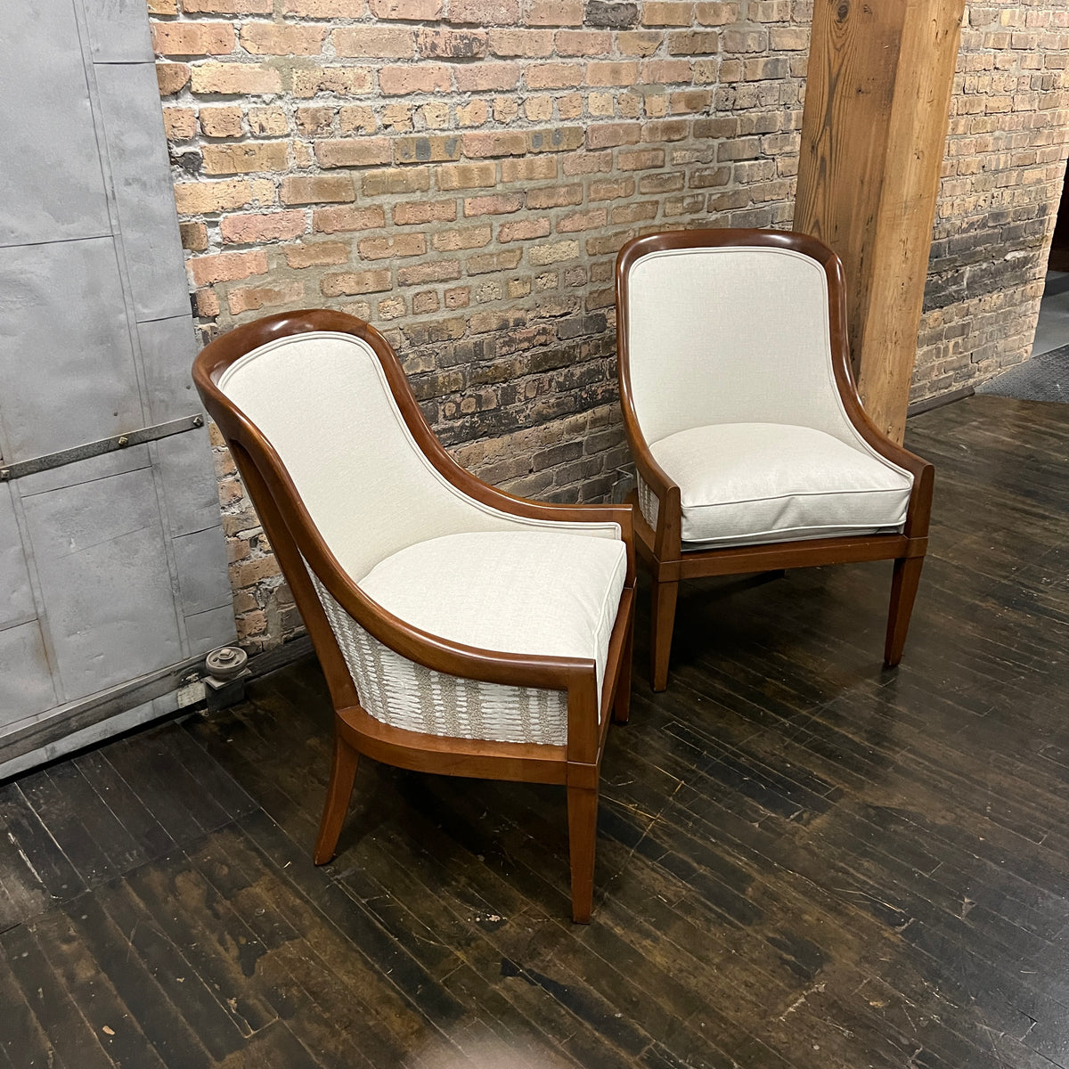 Pair of 1940's Spoon Back Lounge Chairs with Walnut Frames