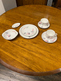 Noritake dinner service for 8 - pattern is number 1357. It has a pink and black pattern - very retro. The set was initially for 12...but as pieces were lost over the years there are now only 9 full sets plus a few extra pieces.  Studio Sonja Milan, Chicago, IL
