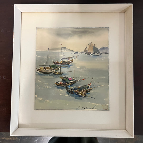 Beautiful mid-century watercolor by listed artist, Atsush Kikuchi titled "Castlepoint, Hong Kong features a colorful images of Chinese junk ships  (some with their sails down and a few in the distance with their sails up).  Signed in the lower right hand corner. 