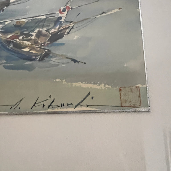 Beautiful mid-century watercolor by listed artist, Atsush Kikuchi titled "Castlepoint, Hong Kong features a colorful images of Chinese junk ships  (some with their sails down and a few in the distance with their sails up).  Signed in the lower right hand corner. 