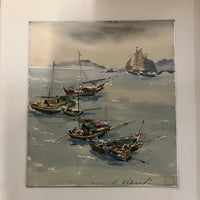 Beautiful mid-century watercolor by listed artist, Atsush Kikuchi titled "Castlepoint, Hong Kong features a colorful images of Chinese junk ships  (some with their sails down and a few in the distance with their sails up).  Signed in the lower right hand corner. 