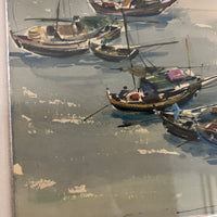 Beautiful mid-century watercolor by listed artist, Atsush Kikuchi titled "Castlepoint, Hong Kong features a colorful images of Chinese junk ships  (some with their sails down and a few in the distance with their sails up).  Signed in the lower right hand corner. 