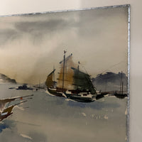 Beautiful mid-century watercolor by listed artist, Atsush Kikuchi titled "Castlepoint, Hong Kong features a colorful images of Chinese junk ships  (some with their sails down and a few in the distance with their sails up).  Signed in the lower right hand corner. 