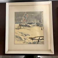 Lovely original mid-century watercolor by listed artist, Atsusho Kikuchi titled, "Fishing Village, Winter".  