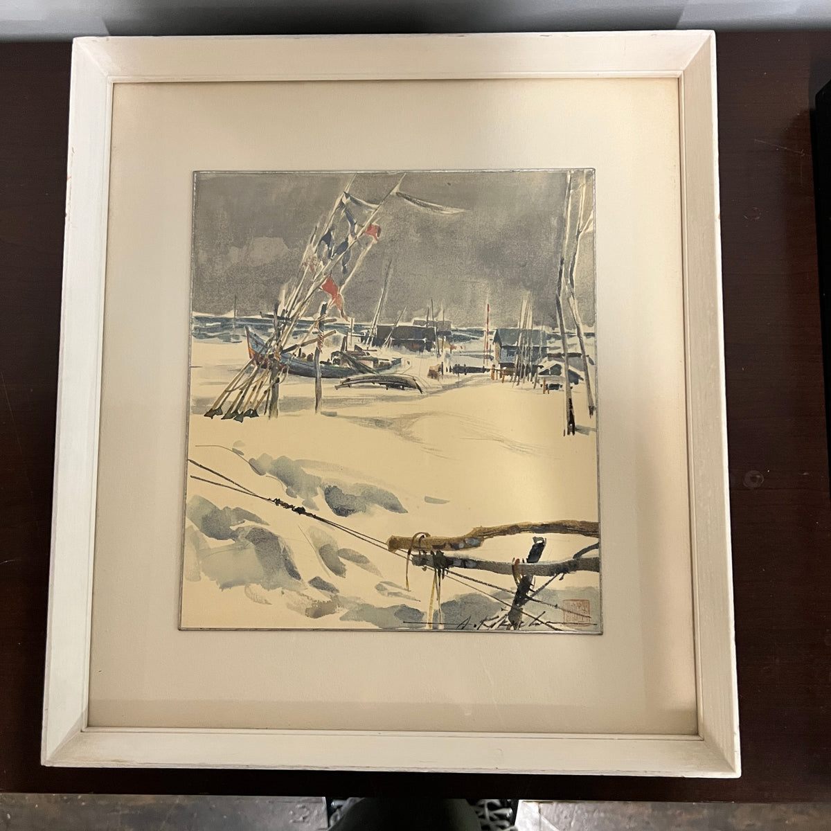 Lovely original mid-century watercolor by listed artist, Atsusho Kikuchi titled, "Fishing Village, Winter".  