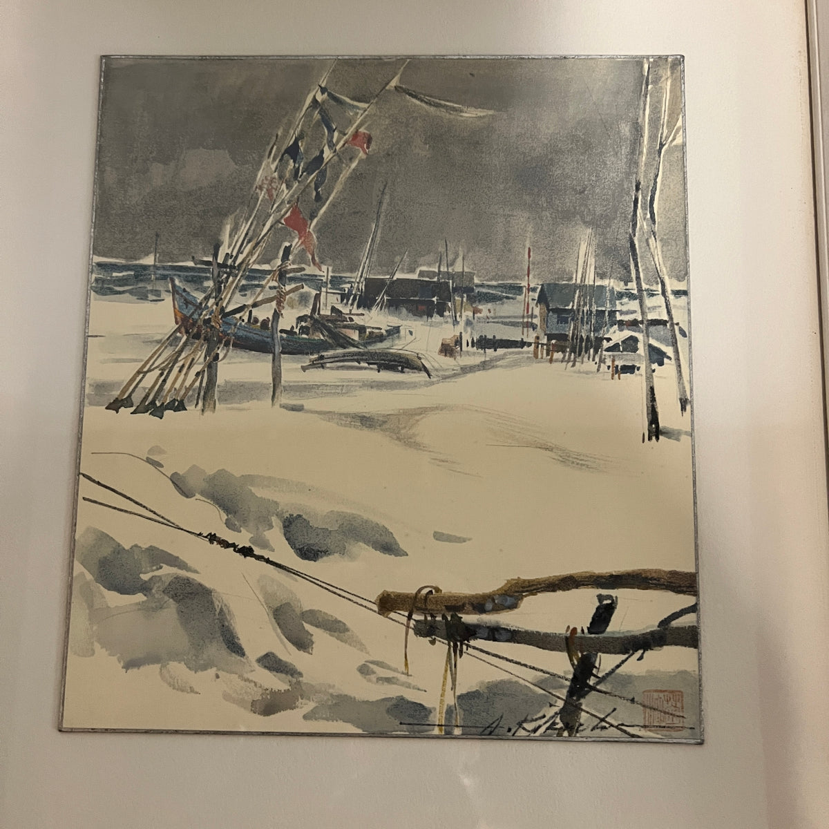 Lovely original mid-century watercolor by listed artist, Atsusho Kikuchi titled, "Fishing Village, Winter".  