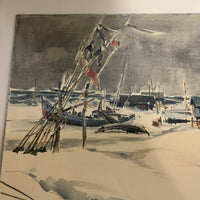 Lovely original mid-century watercolor by listed artist, Atsusho Kikuchi titled, "Fishing Village, Winter".  