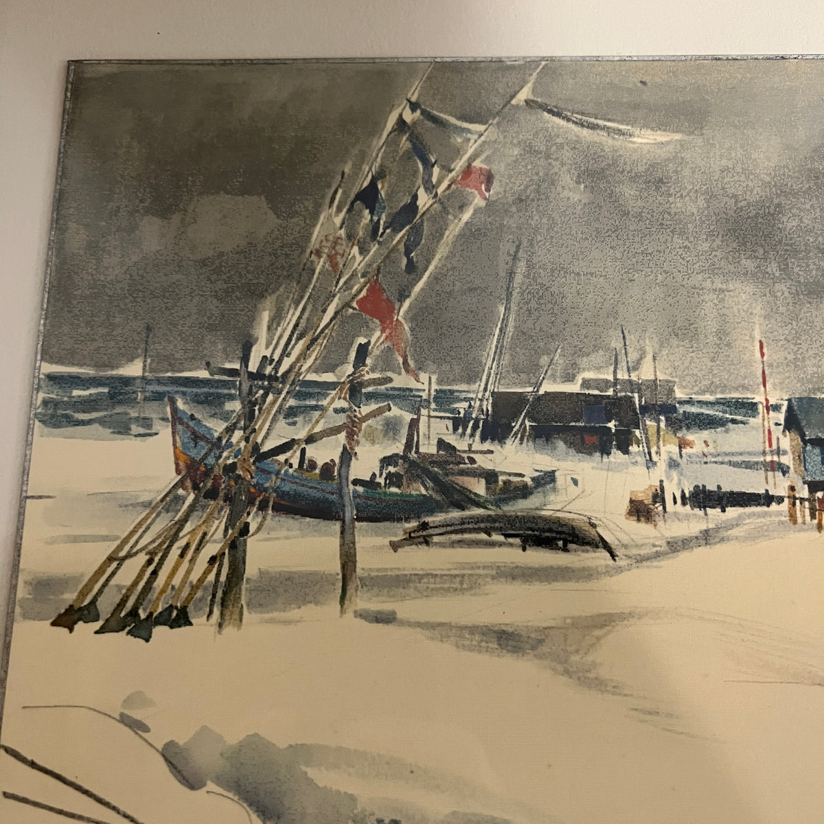 Lovely original mid-century watercolor by listed artist, Atsusho Kikuchi titled, "Fishing Village, Winter".  