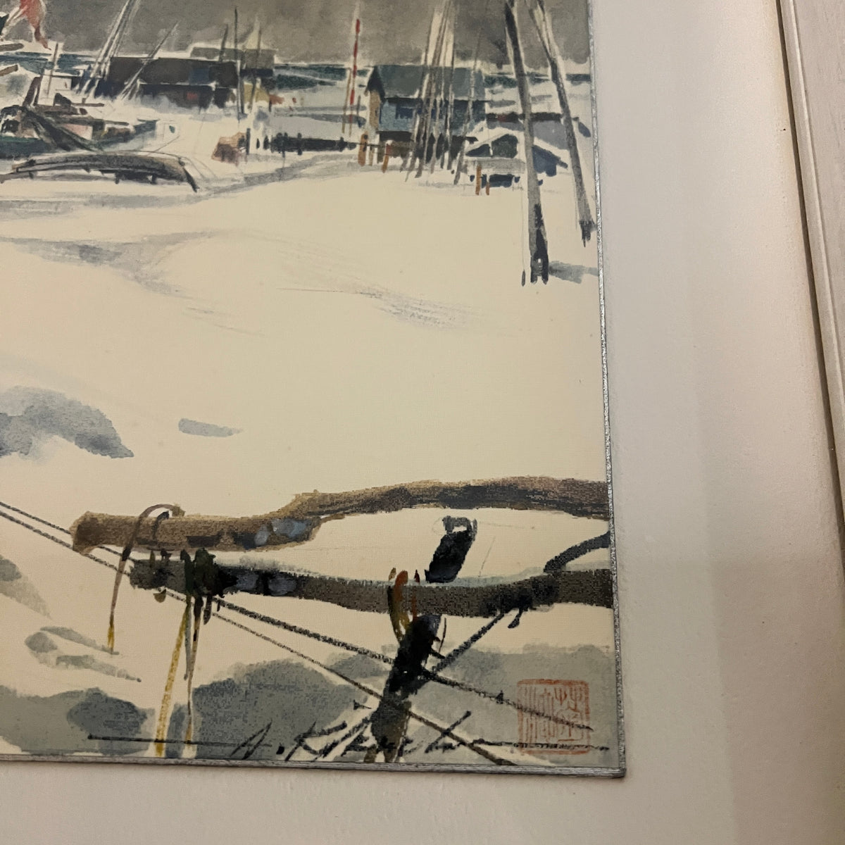 Lovely original mid-century watercolor by listed artist, Atsusho Kikuchi titled, "Fishing Village, Winter".  