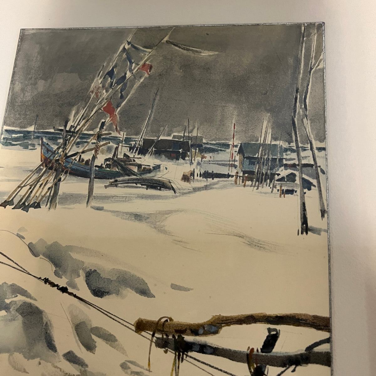 Lovely original mid-century watercolor by listed artist, Atsusho Kikuchi titled, "Fishing Village, Winter".  