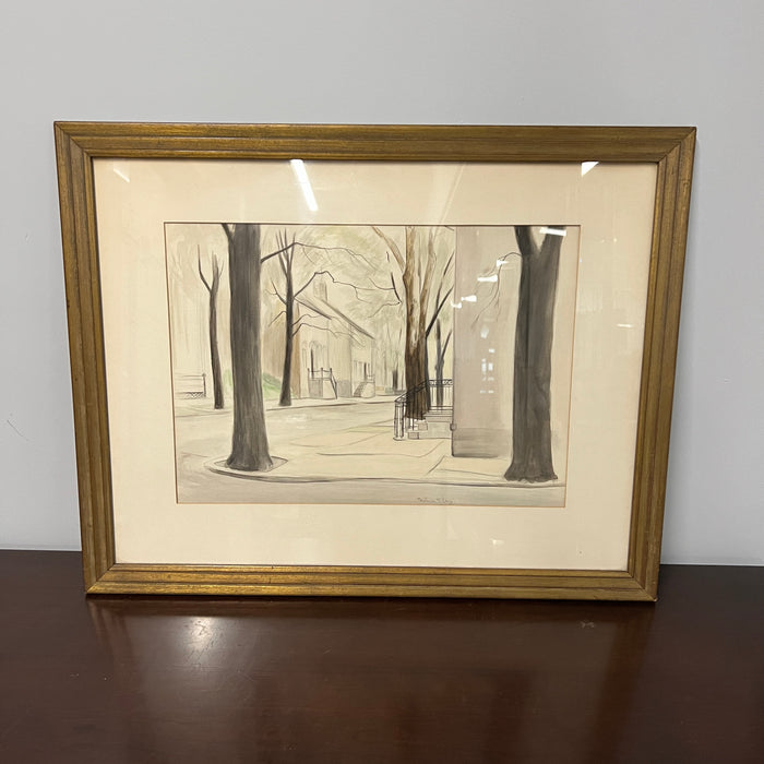 Lovely muted watercolor painting by Beatrice S. Levy.  The handwritten note on the back states it was painted in Madison, IN.   It has lovely shades of browns, creams, black, gray and a touch of green.  Chicago, IL Studio Sonja Milan
