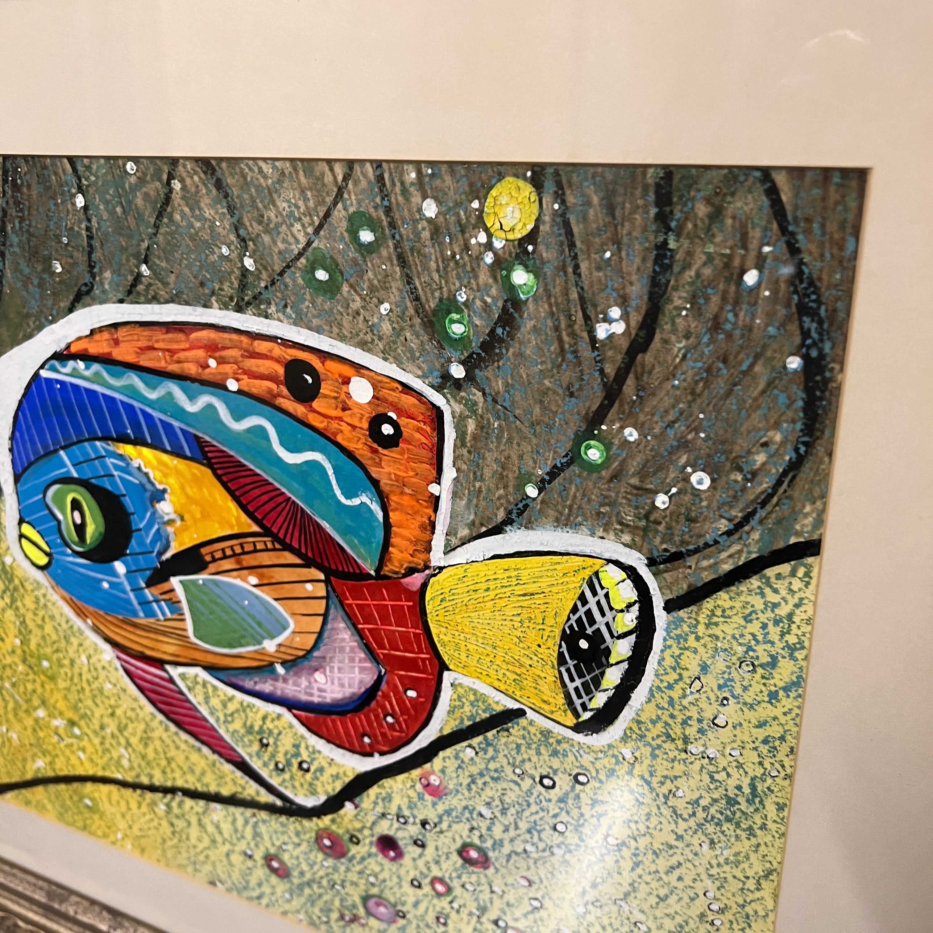 Framed Original Painting of a Colorful Fish on Paper by Ethel