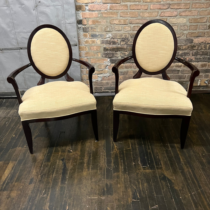 A set of 2 X back dining chairs with arms designed by Barbara Barry for Baker. These chairs are still in production today (and sell for between $3K - $4K per chair). Chicago, IL Studio Sonja Milan