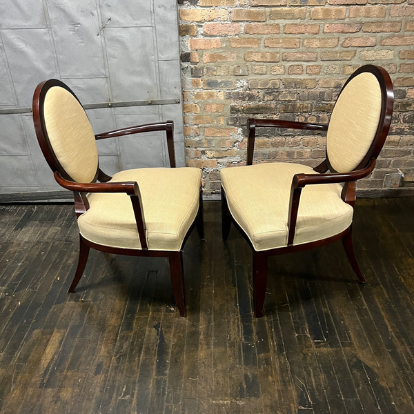 A set of 2 X back dining chairs with arms designed by Barbara Barry for Baker. These chairs are still in production today (and sell for between $3K - $4K per chair). Chicago, IL Studio Sonja Milan