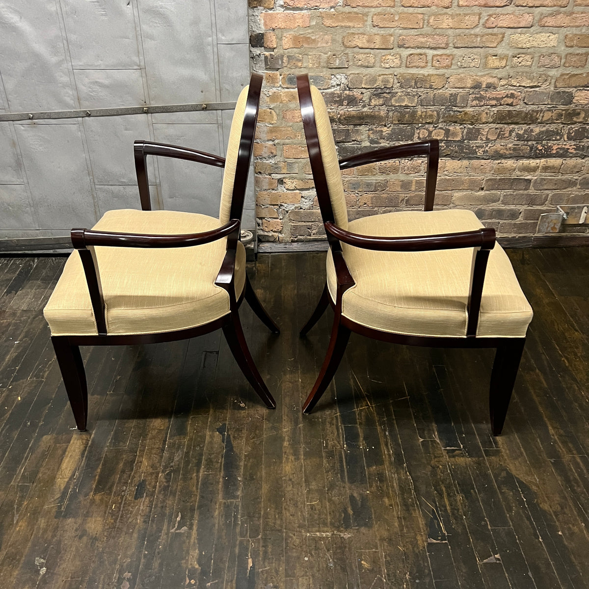 A set of 2 X back dining chairs with arms designed by Barbara Barry for Baker. These chairs are still in production today (and sell for between $3K - $4K per chair). Chicago, IL Studio Sonja Milan