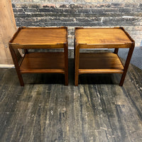 Lovely pair of scalloped edge side tables that appear to be English walnut. They have soft curves, a lower level and amazing patina. Chicago, IL Studio Sonja Milan