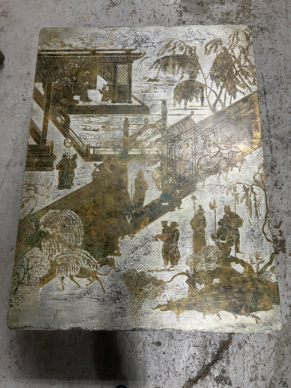 Stunning and impressively sized "Chan" coffee table designed by Philip and Kelvin LaVerne, circa 1970s. Acid etched and patinated polychromed bronze and pewter. Table top decorated with Chinoiserie scene of figures in courtyard, with bamboo form legs. Chicago, IL, Studio Sonja Milan