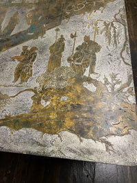 Stunning and impressively sized "Chan" coffee table designed by Philip and Kelvin LaVerne, circa 1970s. Acid etched and patinated polychromed bronze and pewter. Table top decorated with Chinoiserie scene of figures in courtyard, with bamboo form legs. Chicago, IL, Studio Sonja Milan