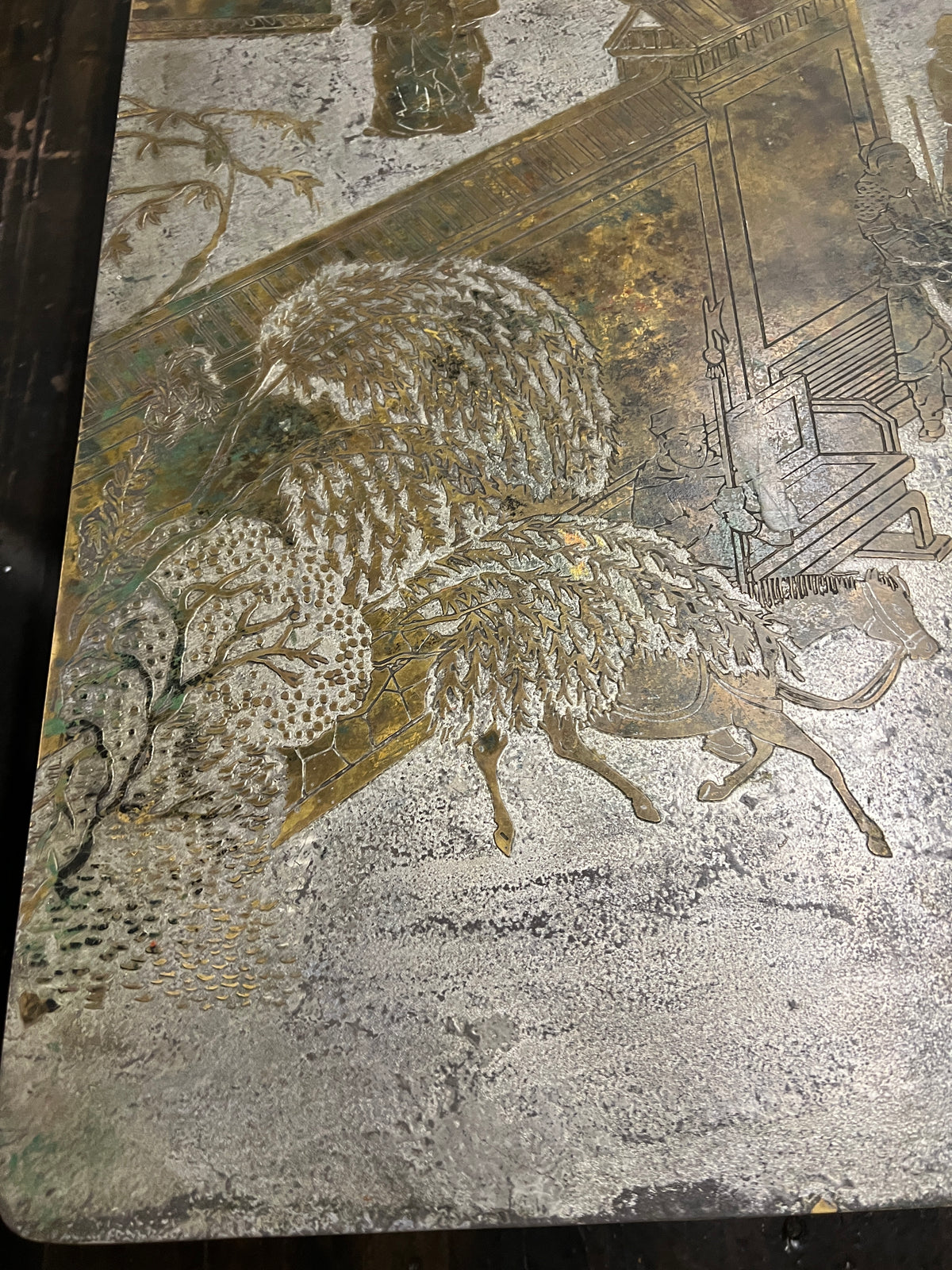 Stunning and impressively sized "Chan" coffee table designed by Philip and Kelvin LaVerne, circa 1970s. Acid etched and patinated polychromed bronze and pewter. Table top decorated with Chinoiserie scene of figures in courtyard, with bamboo form legs. Chicago, IL, Studio Sonja Milan