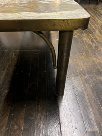 Stunning and impressively sized "Chan" coffee table designed by Philip and Kelvin LaVerne, circa 1970s. Acid etched and patinated polychromed bronze and pewter. Table top decorated with Chinoiserie scene of figures in courtyard, with bamboo form legs. Chicago, IL, Studio Sonja Milan