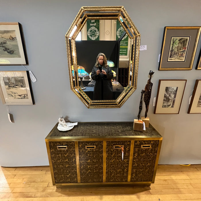 Rare brass clad two door cabinet decorated with intricate etched abstract figures designed by Bernhard Rhone for Mastercraft.  Chicago, IL Studio Sonja Milan