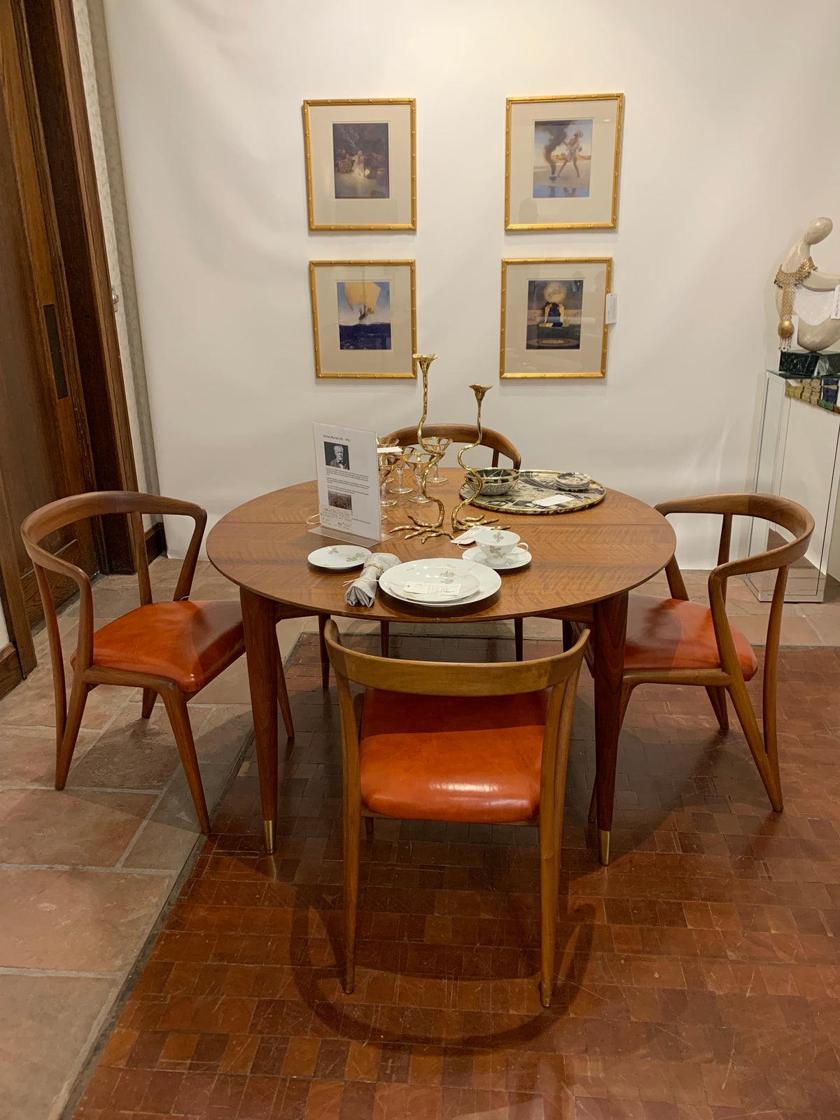 Mid century walnut dining chair by Bertha Schaefer for Singer & Sons, original orange leather upholstered seats. Made in Italy. Set of 8 available.  Chicago