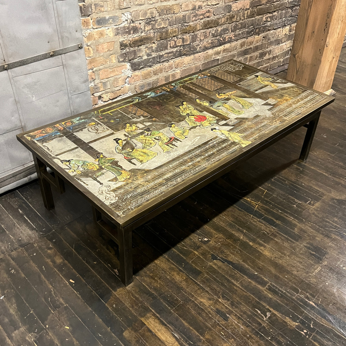 Chin Ying Coffee Table by Philip and Kelvin LaVerne.Etched and patinated bronze and pewter, enameled decoration.  Chicago, IL Studio Sonja Milan