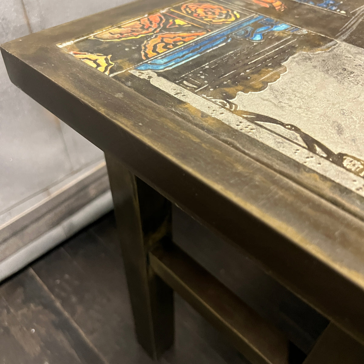 Chin Ying Coffee Table by Philip and Kelvin LaVerne.Etched and patinated bronze and pewter, enameled decoration.  Chicago, IL Studio Sonja Milan